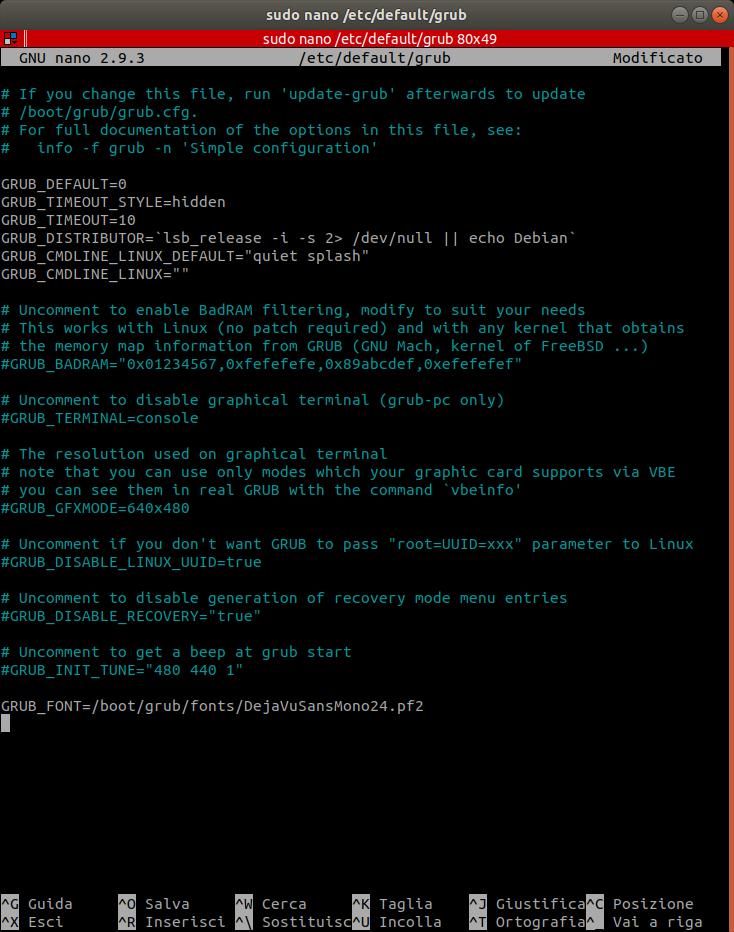 Modifica del file /etc/default/grub